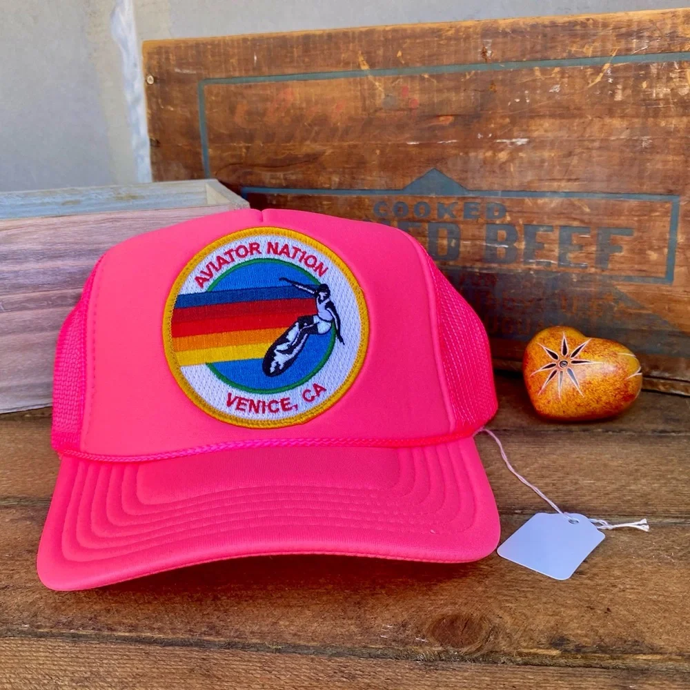 🆕✨AVIATOR NATION NEON PINK WITH VENICE LOGO PATCH MESH TRUCKER HAT O/S NWT - Picture 3 of 6